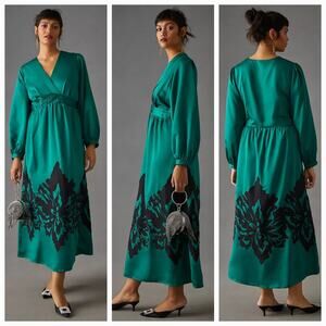 New Anthropologie Nikasha Embroidered Satin Dress $260 XXS Green